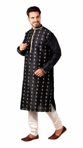 Wedding Wear Black Men Kurta And Churidar Set Cotton Silk, Dry clean