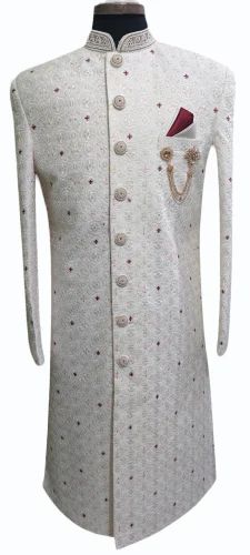 Cream 46inch Men Cotton Embroidered Sherwani