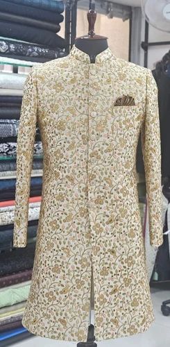 Cream Men Cotton Embroidery Wedding Sherwani