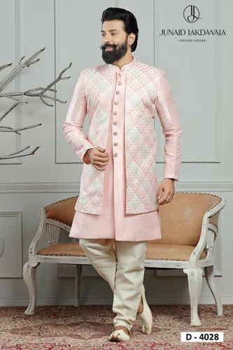 Pink Men Jacket Cotton Sherwani Set