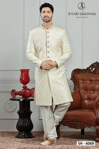 Men Cream Cotton Sherwani Set