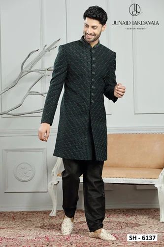 Men Black Cotton Sherwani Set