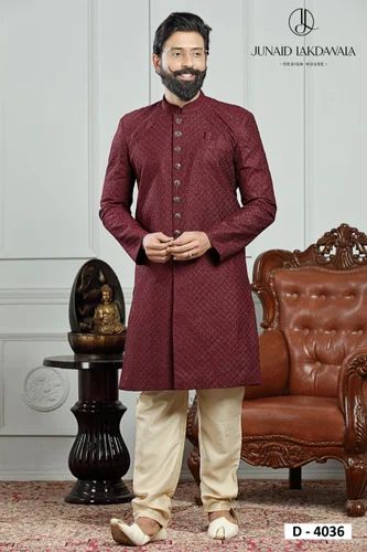 Men Maroon Cotton Sherwani Set