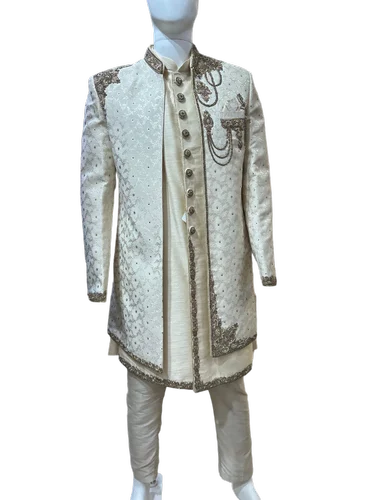 Biege Men Mandarin Collar Embroidery Cotton Sherwani, Jacquard