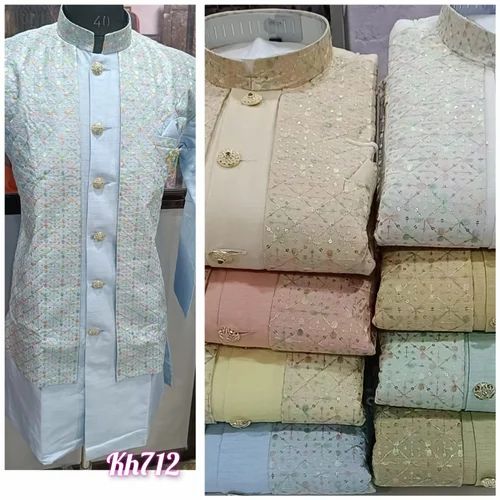 Cream Men Cotton Embroidered Sherwani
