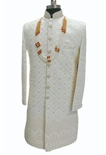 White Cotton Embroidered Wedding Sherwani
