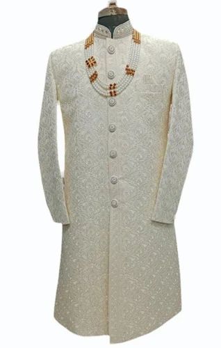 Cotton White Embroidered Wedding Sherwani