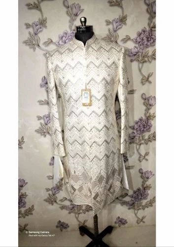 Biege Men Beige Cotton Embroidered Sherwani