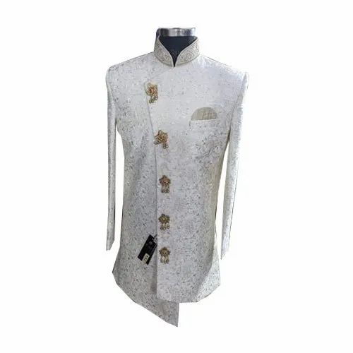 Printed Mens White Cotton Sherwani
