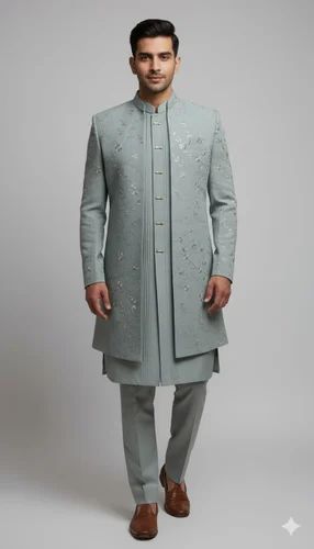 SILK Dove Grey Double Panelled Short Achkan Set