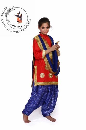 Red,Blue and Golden Embroidered Girl Traditional Punjabi Gidha Dress, Size: Large
