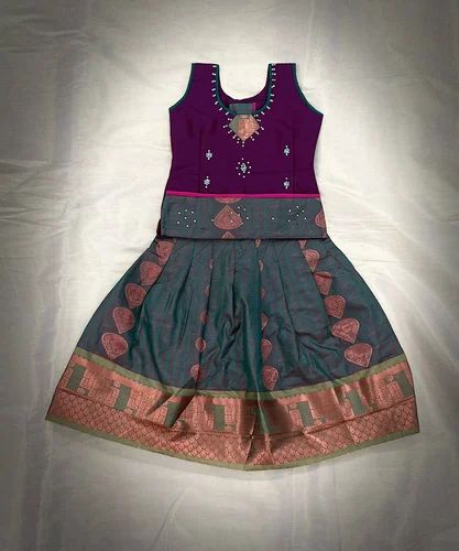 Festive Wear Peacock Blue Girls Pattu Pavadai Set