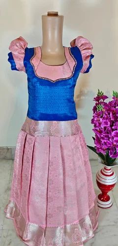 Pink Flower R Blue Pattu Pavadai Set