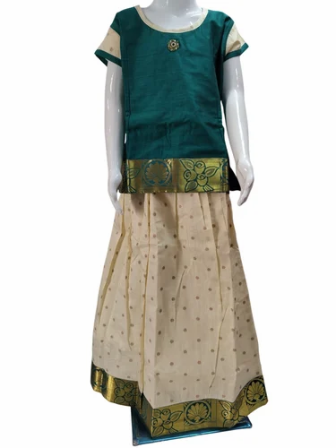 Girls Varanasi Butta Green Pattu Pavadai