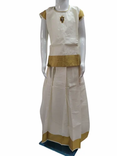 Festive Wear Girls Cotton Cream Pattu Pavadai