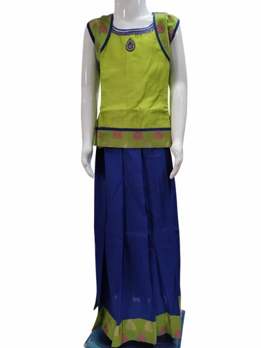 Girls Slab Cotton Parrot Green Pattu Pavadai