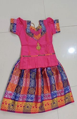Green and Blue Girls Embroidered Party Wear Pattu Pavadai