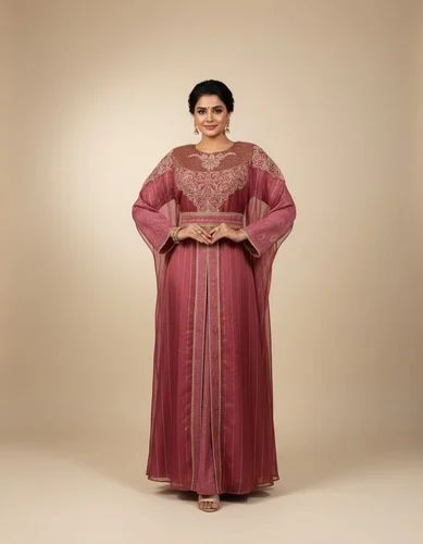 Embroidered Cotton Ladies Long Arabic Dress (Red, M)