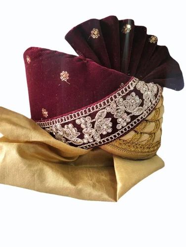 Maroon Dhula Wedding Safa, Zharidhari, 24 inch