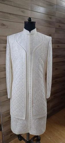 White Imported Self Design Shrug Pattern Groom Sherwani