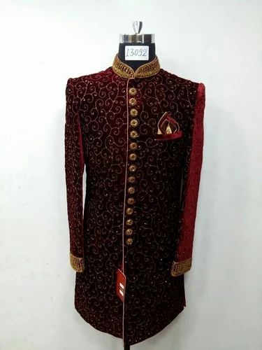 Maroon Embroidered Velvet Traditional Groom Sherwani Suit