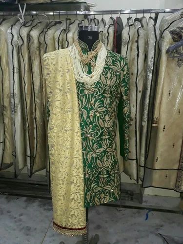 Green And Golden Embroidered Groom Heavy Sherwani