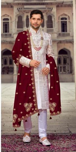 Men's Royal Maroon Velvet Dupatta with Golden Zari Work - Wedding & Festive Sherwani Stole