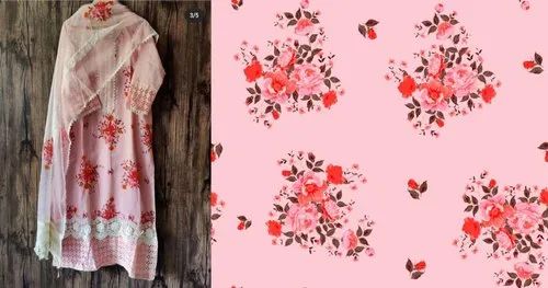 Pink Floral Digital Print Cotton Fabric, Printed