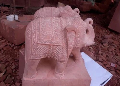 White Red Marble Elephant Statue, 2 Feet, For Exterior Decor