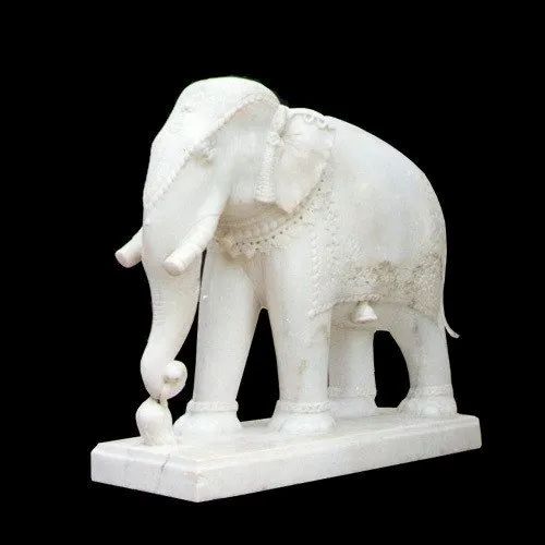 White Polished Vietnam Marble Carved Elephant Statue for Temple (2-3 ft, Forward Trunk)