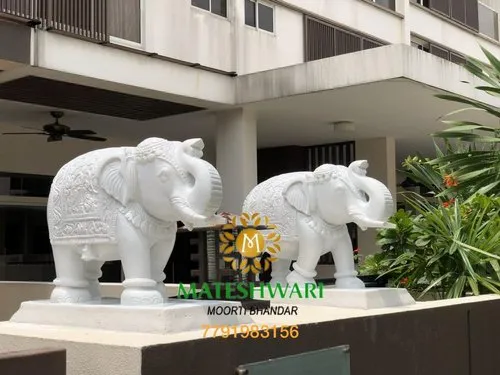 White Marble Elephant Statue, For Exterior Decor, 2.5 Feet