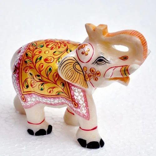 Golden Gifted Hand Painted Marble Elephant Statue, For Home Decoration & Gift