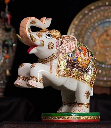 Golden Crystal Work Marble Elephant Statue, For Interior Decor