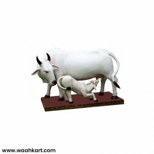 Milky White FRP Cow With Calf Statue, For Exterior Decor