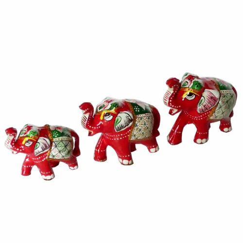 Red Wooden Handpainted Elephant Set, for Interior Decor