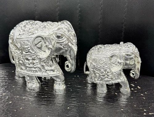 Silver Coated Wax Elephant Idol With Trunk Down Silver Elephant Statue For Home Decor