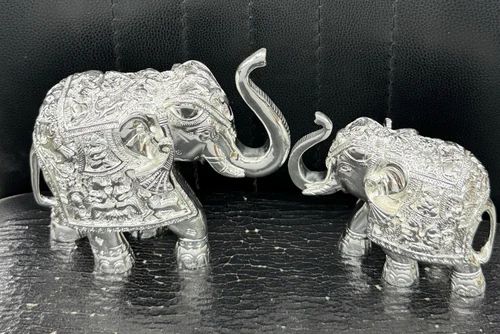 Silver Coated Wax Elephant Idol With Trunk Up Silver Elephant Statue For Home Decor
