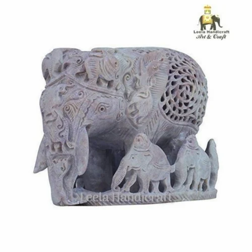 Grey Soapstone Elephant Family Statue, For Interior Decor, Size/Dimension: 5" Inch