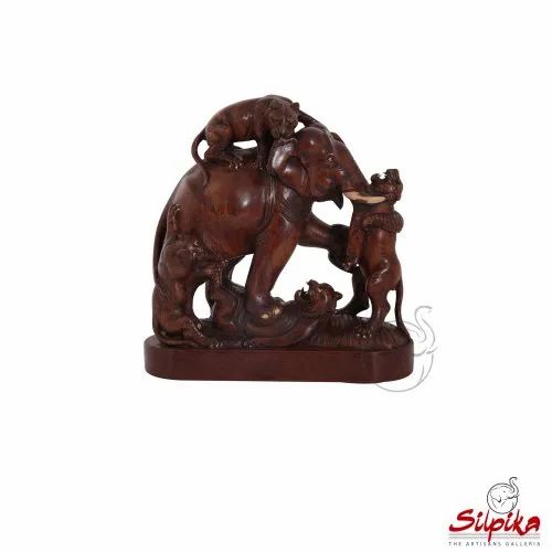 Wood Silpika Elephant Lions Fighting, For Home Decor