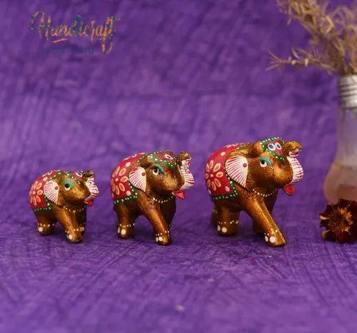 Paper Mache White Metal Craft Set Of 3 Showpiece Elephant
