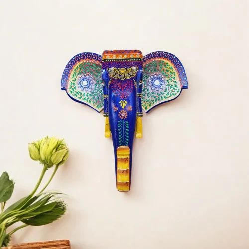 Mango wood Beautifully multicolor Hand painted elephant face, For Decoration