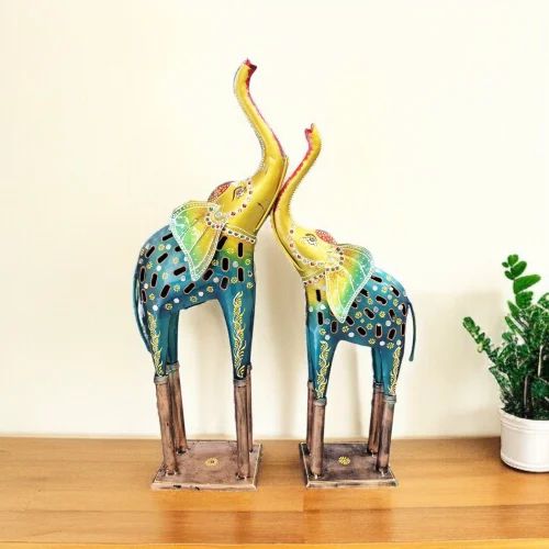 Green & gold Iron Elephant pair Decorative, For Interior Decor