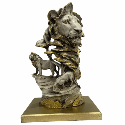 Grey,Golden Polyresin H 25 cm Abstract Lion Statue, For Interior Decor