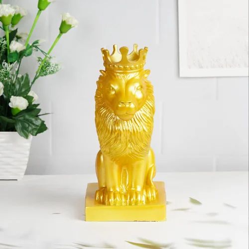 Golden Polyresin Crown Lion Statue