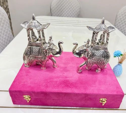 German Silver Rajwada Ambabari Elephant Pair Showpiece with Premium Velvet Box Packing, 10.5 Inch