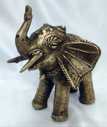 Golden Brass Dhokra Medium Elephant Statue, For Interior Decor