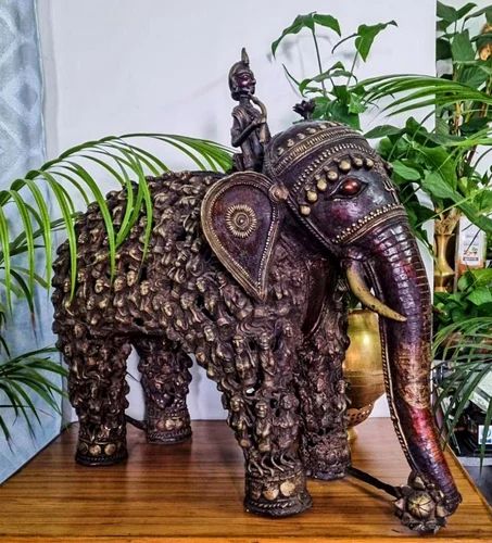 Brown Brass Dhokra art figure elephant eith mahawat, For Interior Decor, Size/Dimension: 68x21x56 cm