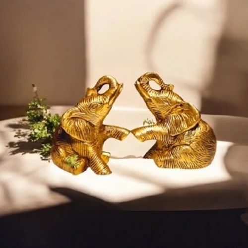 A Pair of Brass Elephant Statues Made By Aakrati Collectable Figurine Showpieces ( Yellow, 4.5 inch)