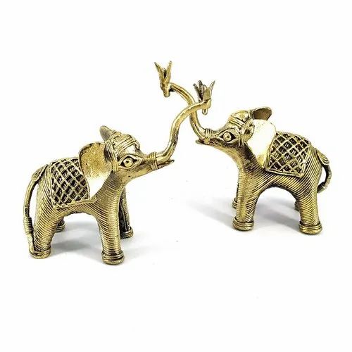 Golden Brass Elephant Duo with Raised Trunk, For Interior Decor