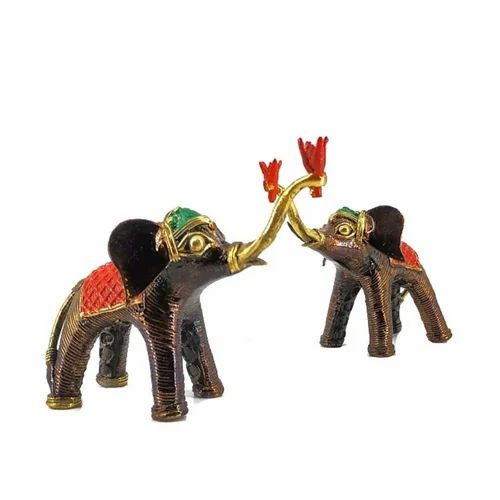Handmade Elephant Duo with Raised Trunk Statue in Bell Metal Art (Multicolor, 4.5 inch)